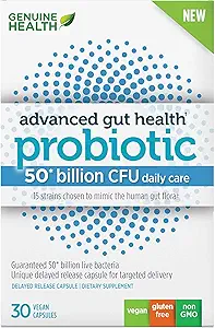 Genuine Health Probiotics, 50 Billion CFU, Daily Care, 15 Diverse Strains, Soy Free, Gluten Free, Vegan Delayed-Release Capsules for Advanced Gut Health, 30 Count