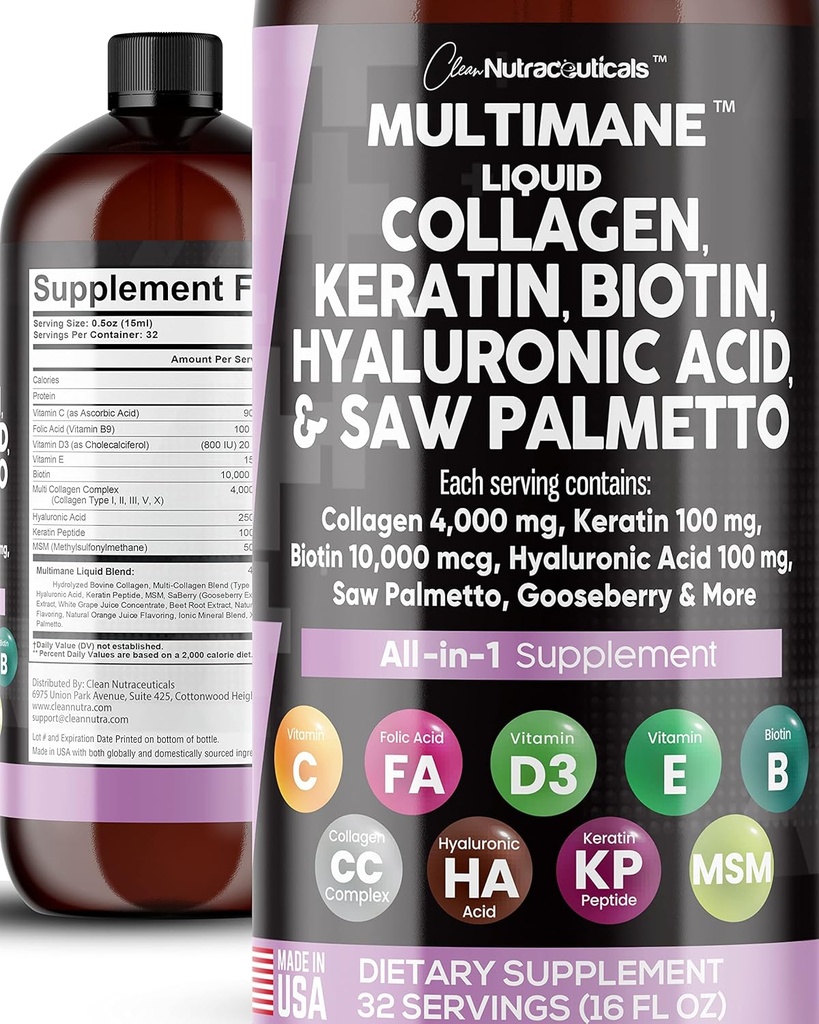 Nutracéuticos limpios Collagen líquido 4000mg Biotina 10000mcg Keratina 100mg Saw Palmetto Ácido hialurónico 100mg - Piel de pelo &amp; uñas Vitaminas &amp; Bloqueador DHT con vitamina D3 MSM 50mg Hecho en EE.UU. - 16 Fl. Oz