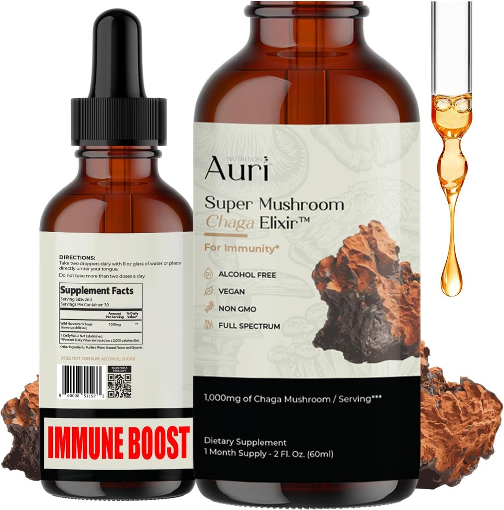 Auri Super Chaga Elixir - Mushroom Superfood Liquid Supplement with Full Spectrum Immune Support from Oxidative Stress and Energy Lift - Chaga Tincture 60ml