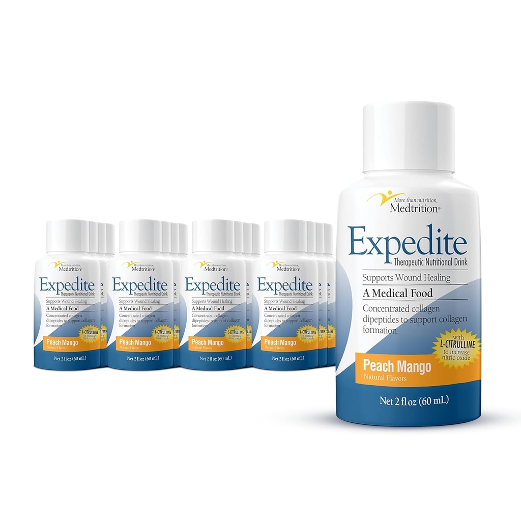 Medtrition Expedite Liquid Collagen, Peach Mango, 2 Fl Oz, Pack of 24 - Nutrition Support for General, Orthopedic & Cosmetic Surgery Recovery
