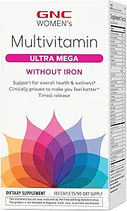 GNC Multivitamina Ultra Mega sin Hierro, Suplemento diario de vitaminas, soporta inmuno, cerebro, cabello, piel &amp; uñas, 180 caplets