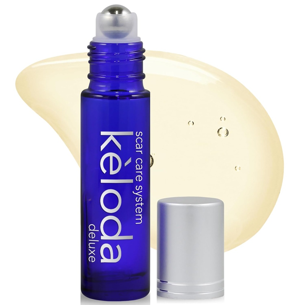 KELODA Deluxe Scar " Keloid Removal Oil " Massager, 0.33 oz tóxico para el tratamiento de cicatrices quirúrgicas y celoides perforantes, acné, quemaduras  durable Con coco, Shea, Turmérico, lavanda, aceites helichrysum y vitamina E