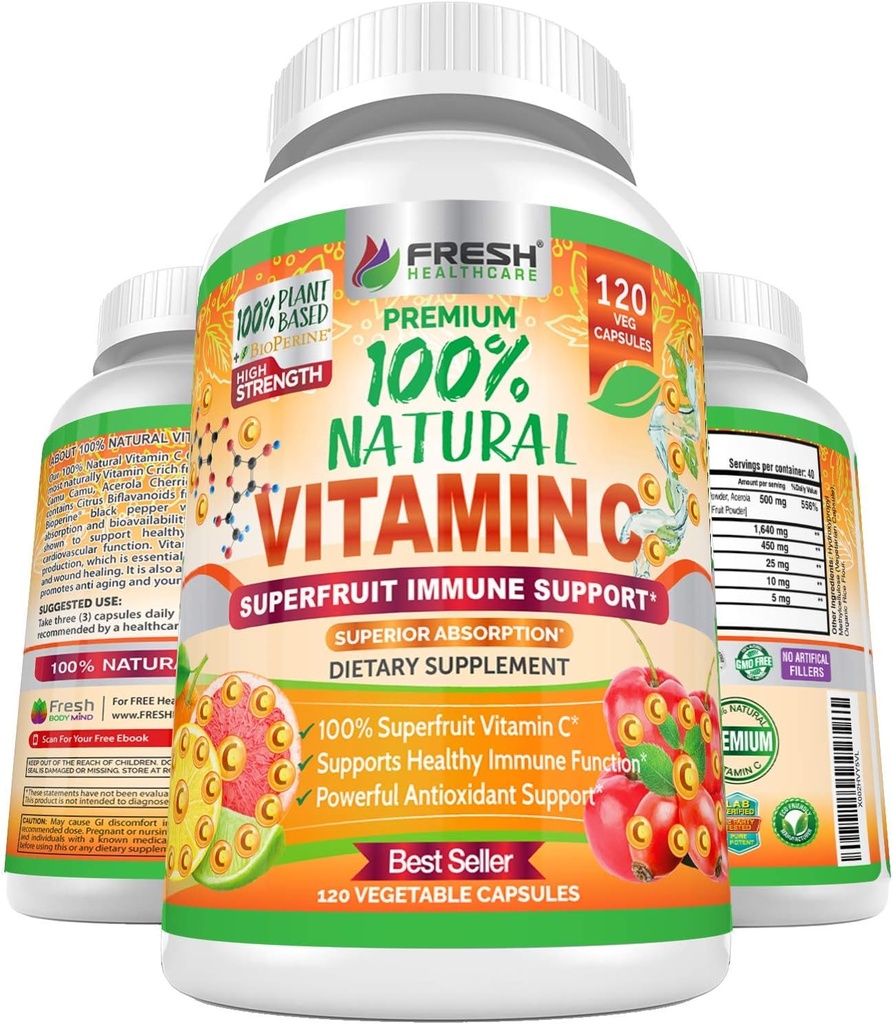 Fresh Healthcare 100% Natural Vitamin C - 500mg from Rose HIPS, Acerola Cherry & Camu Camu - High Absorption Immune Support, Skin, Joint & Collagen Booster with Citrus Biflavonoids - 120 Capsules