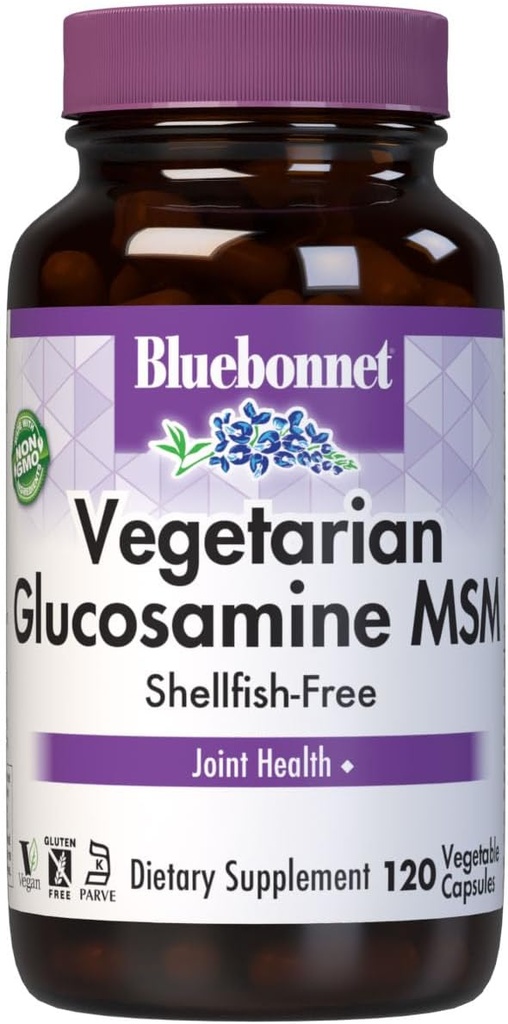 Bluebonnet Vegetarian Glucosamine with MSM Supplement - Shellfish-Free Joint Support Supplement for Women &amp; Hombre - Vegetable Glucosamine HCI - Vegan, Kosher, Free of Soy, Gluten &amp; Dairy - 120 V Caps