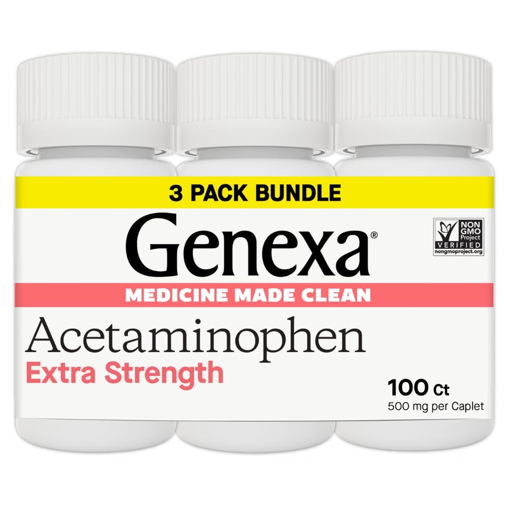 Genexa Clean Acetaminophen 500mg Extra Strength, Dye Free Pain Reliever Fever Reducer, 0% Artificial Additives, Dolor de dolor para adultos, Aliviado, Dolor de espalda, Dolor de artritis menor, 300 Tablets