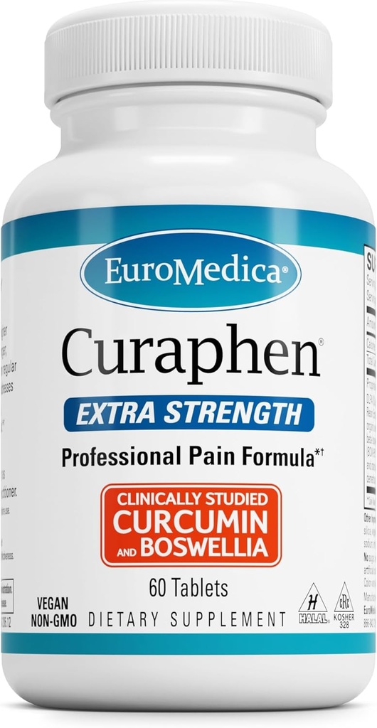 EuroMedica Curaphen Extra Strength - Curcumin " Boswellia Supplement for Healthy Circulation Support - Turmeric Supplement to Support Joints, Muscle Health " Endorphin Production - 60 Tablets