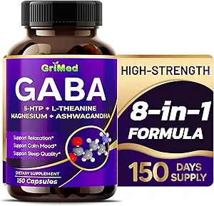 GriMed GABA 16,280mg - X15 Power with 5-HTP, L-Theanine, Magnesium, Ashwagandha - Relax &amp; Restore, Support Sleep Well - Made in USA (150 Conde (Pack of 1))
