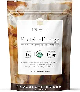 Truvani Protein + Energy Drink Mix with 87mg Caffeine TEN Chocolate Mocha TEN 12g Organic Plant Based Protein TEN 20 Servings ANTE USDA Organic Coffee Powder " Adaptogens TEN Gluten " Dairy Free TEN Vegan