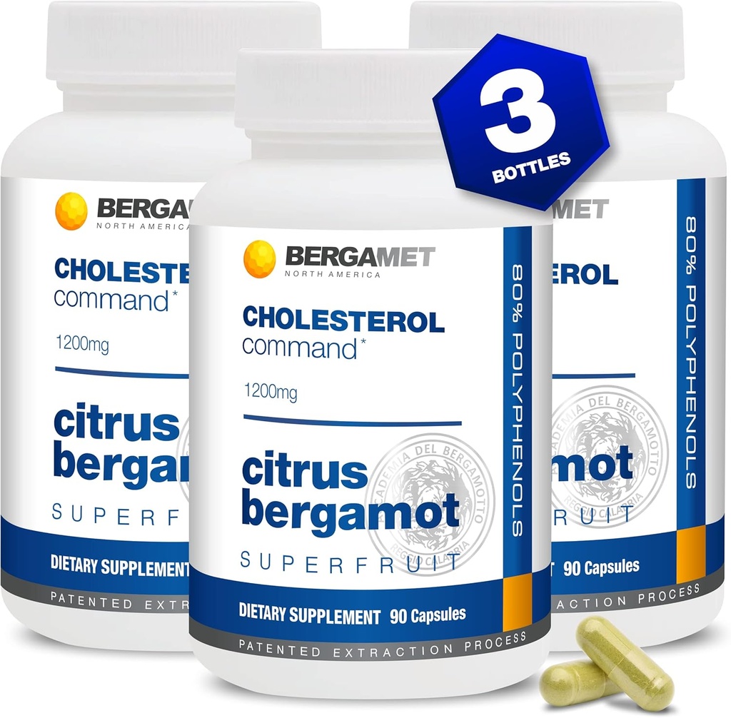 Cholesterol Command, Citrus Bergamot SuperFruit Suplemento, 47% Bergamot Polyphenol Fracción (BPF) Fórmula patentada, Made in The USA, 3 Months, 270 Capsules - 3 Botellas