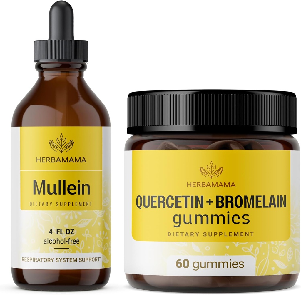 HerBAMAMA Mullein Leaf Extract and Quercetin Gummies Kit - Bundle of Mullein Leaf Drops 4 fl oz y 800 mg Quercetin with Bromelain Gummies - Vegan, Non-GMO, Alcohol-Free - 2 Pack