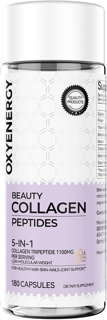 OxyEnergy Collagen Peptides Capsules for Women, 1100mg Hidrolyzed Collagen Tripeptides(Tipos I) Suplementos con Biotina y Vitamina C, 180 Collagen Pills para promover el cabello, la uñas, la piel, 2 meses de suministro