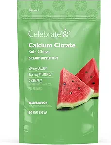 Celebrar vitaminas Bariatric 500mg Calcio Citar cerdas suaves con 500 UI Vitamina D3 – Esencial para el bypass gástrico Pacientes " Bone Health - Sugar " Gluten Free, Melon (90 Chews)