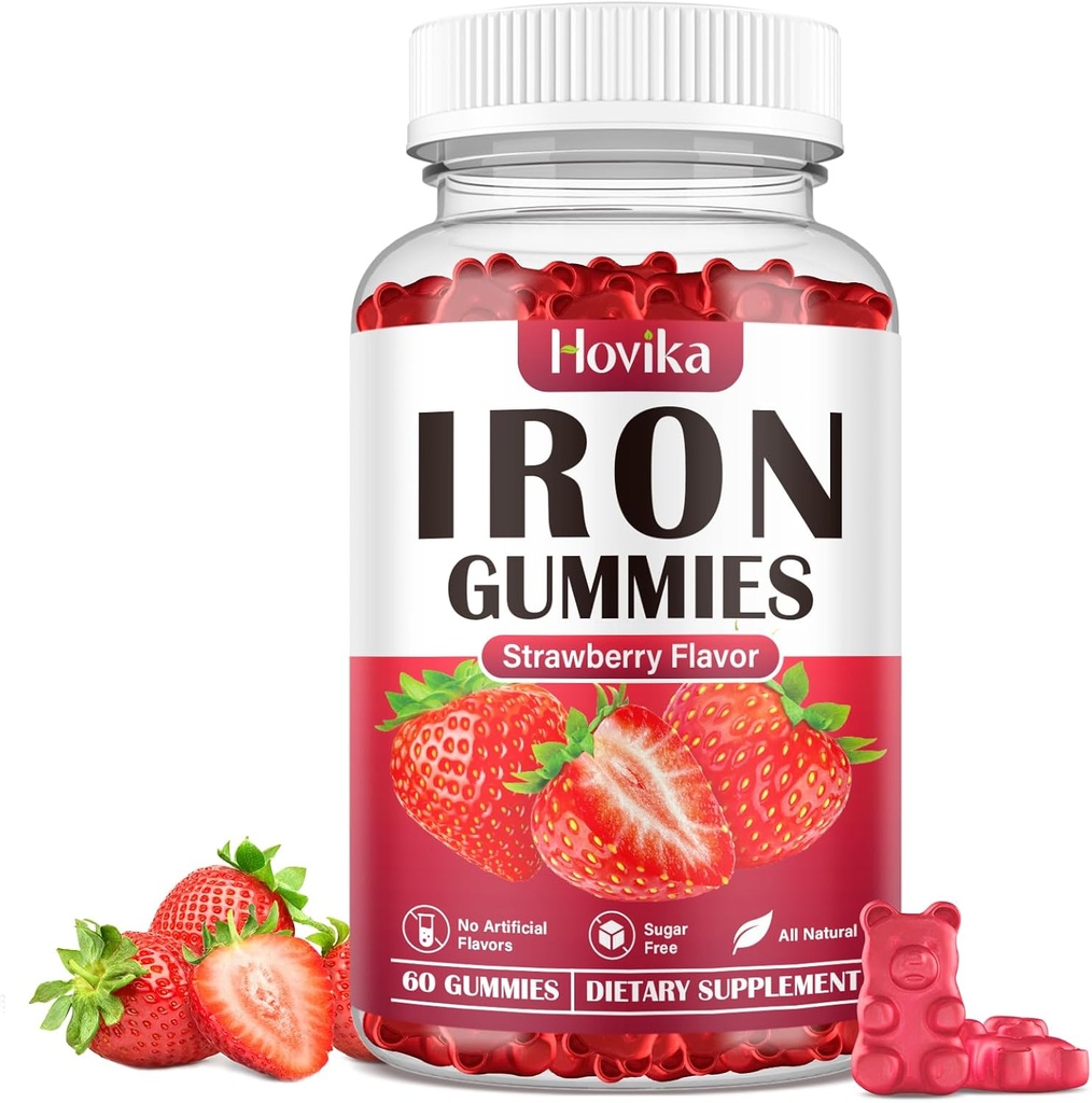 Iron Gummies Suplemento para Mujeres y Hombres, Niños Suplementos de Hierro para la Anemia con Vitamina C, B12, Folate - Blood Builder &amp; Energy Support for Iron Deficiency - Sugar Free Strawberry Flavor, 60 Gummies