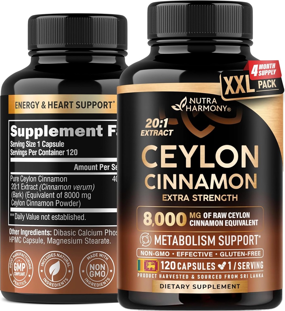 Ceylon Cinnamon Capsules - Extra Strength - Energía, Corazón & Metabolismo Apoyo - para Hombres &amp; Mujeres - Puro Extracto Natural 20:1 Suplemento - Hecho en EE.UU. - GMO &amp; Gluten Gratis, 120 Capsules, 4 Month Supply