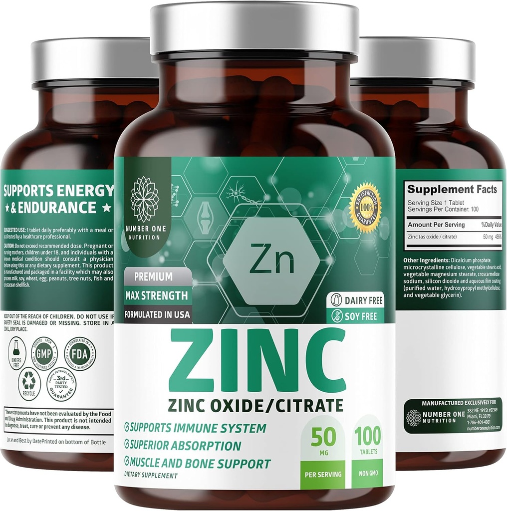 N1N Premium Zinc 50mg [3X Absorption, Vegan] Todo Natural Zinc Oxide y Citrate Suplemento para Immune Support, Skin Health and Better Digestion, 100 Tablets