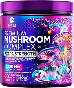 Mushroom Suplemento Polvo 2200mg - 11 en 1 Complejo Fórmula Polvo con Leones Orgánicos Mane, Reishi, Cordyceps, Chaga, Turquía Tail Mushroom Extracto Suplemento para Memoria &amp; Apoyo Cerebral - 60 Servimientos