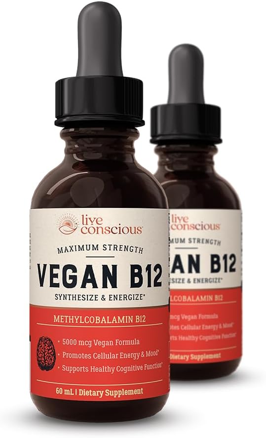 Conscious Vegan Vitamina B12 Sublingual Liquid Drops Methylcobalamin Max Strength B12 5000mcg Fórmula - Vegan B 12 Vitamin Support Energy, Promote Memory & Aid Immune System (2 Pack)