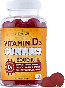 NUEVO AGE Vitamina D3 5000 UI 125mcg Gummies - Soporte para Inmunes, Salud Fuerte de Hueso - No Gluten-Free, sin lácteos, sin gelatina (60 Gummies (Pack of 1))