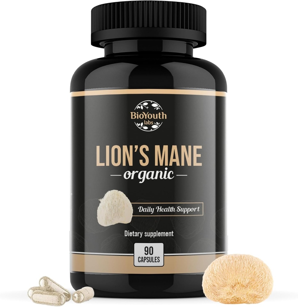 Orgánica León Mane Cerebro Apoyo dietético Suplemento Premium León Mane Mushroom Extracto - 90 cápsulas