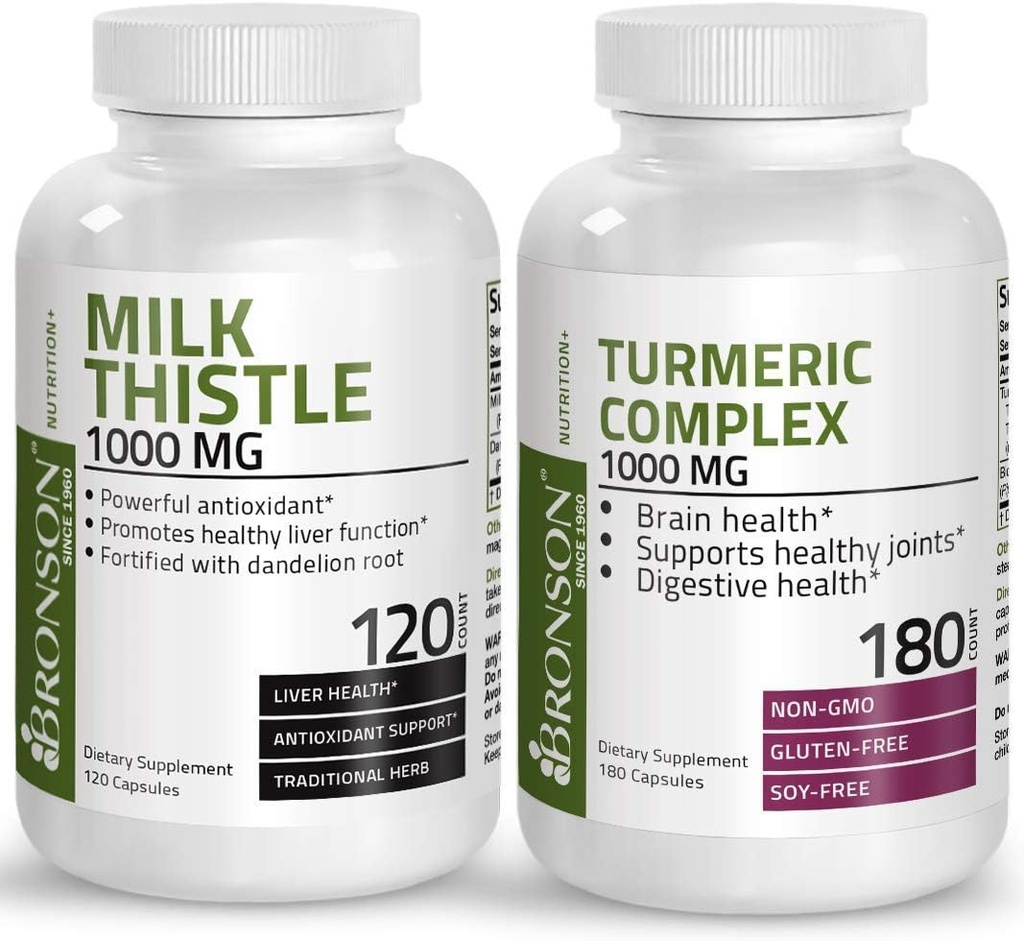 Curcumina de Turmérica de Bronson con soporte conjunto de alta potencia BioPerine + carretilla de 1000mg Silymarin Marianum &amp; Dandelion Root