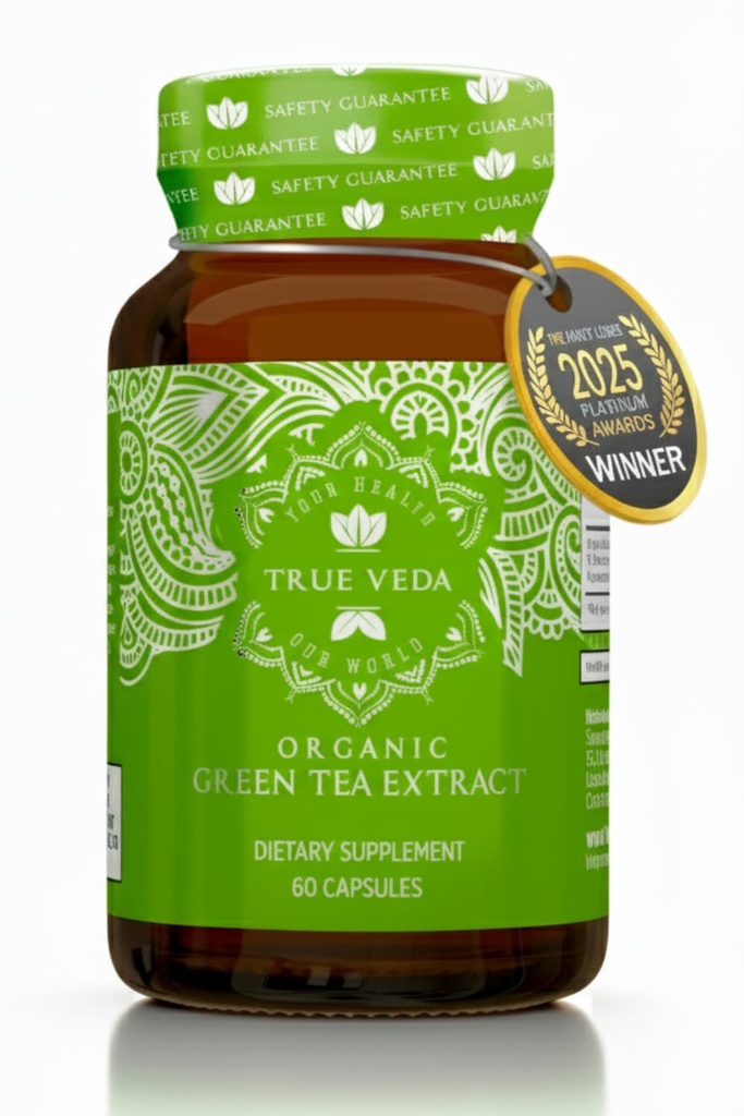 True Veda USDA Organic Green Tea Extract Capsules with EGCG | Premium Plant-Based Green Tea Pills | EGCG Supplements | Low Caffeine | 60 Vegan Capsules
