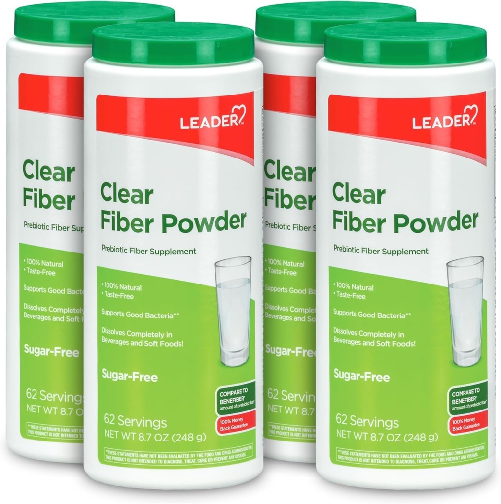 Líder de suplemento de fibra prebiótica Polvo para la salud digestiva, 100% natural de fibra diaria, libre de azúcar, libre de sabores, libre de gluten, libre de gluten, no GMO, desarmado, 62 servicios (8.7 OZ) (Pack de 4)