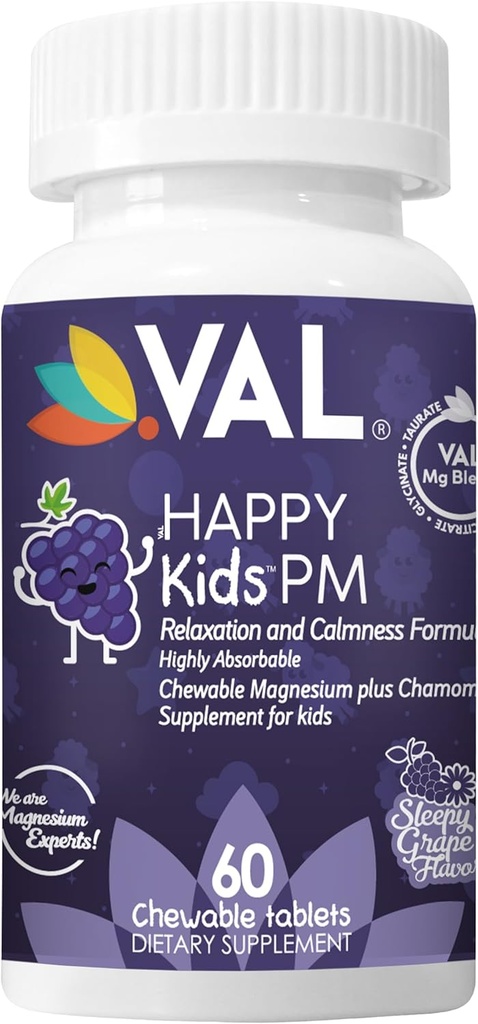 VAL Kids PM Magnesium Gummies | Sugar-Free Chewable Tablets with Chamomile, Magnesium Glycinate + Citrate + Taurate | Vitamin B6 & C | Natural Grape Flavor | Sleep & Calm Support | 60 Ct | Ages 4+