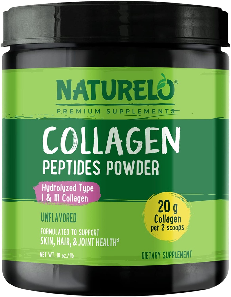 NATURELO Collagen Peptide Powder, Hydrolyzed Collagen Type I & III, Skin Hair & Joint Health - Unflavored, 16 Ounces TEN 45 Servings