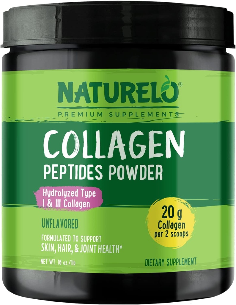 NATURELO Collagen Peptide Powder, Hydrolyzed Collagen Type I & III, Skin Hair & Joint Health - Unflavored, 16 Ounces TEN 45 Servings