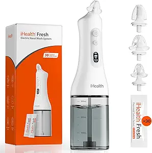 iHealth Electric Nasal Irrigation System for Adults & Kids – Gentle Sinus Rinse for Rhinitis & Sinusitis Relief, 400ml Easy-Clean Large Tank, Water Temperature Measurement, 30 Premixed Saline Packets