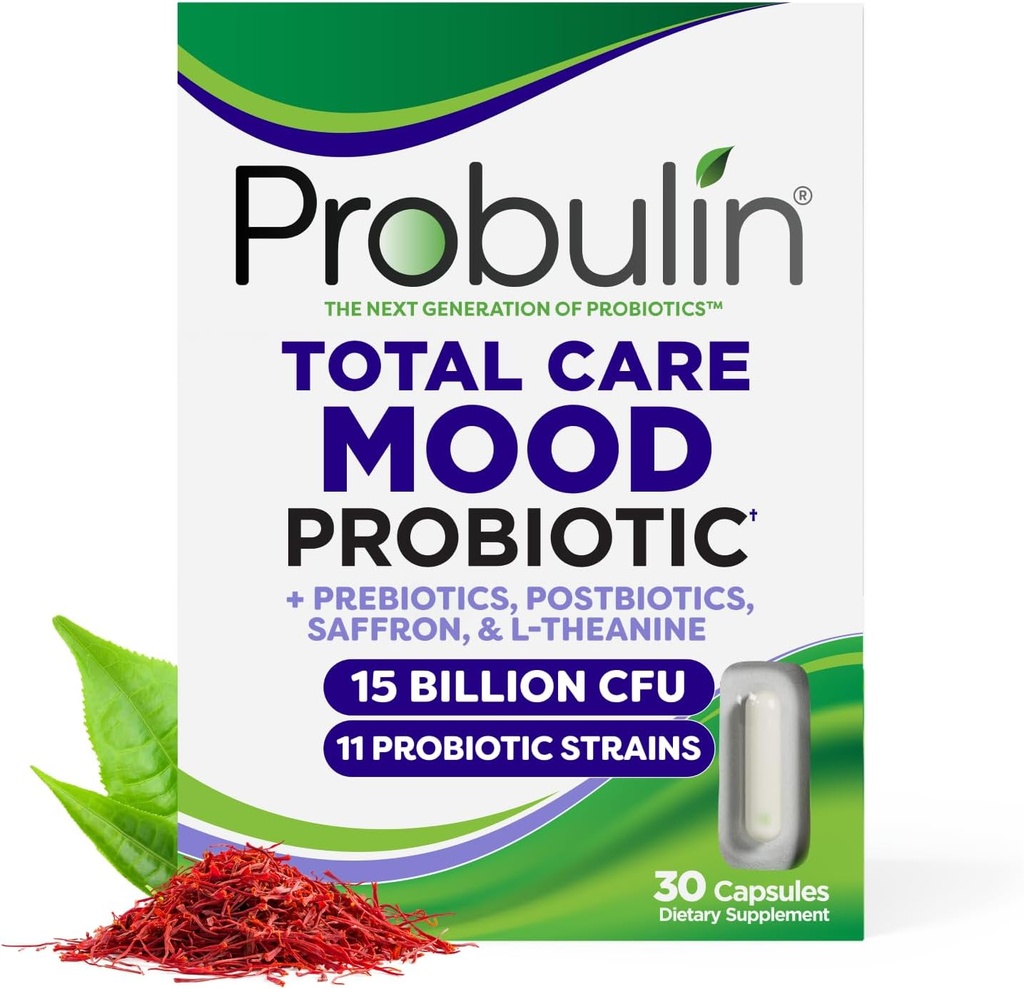 Probióticos de probulina para mujeres con Saffron, L Theanine, Probiótico, Prebiótico, Postbiótico - Mood Support Suplemento " Gut Support - Vegan, No GMO, 30 cápsulas