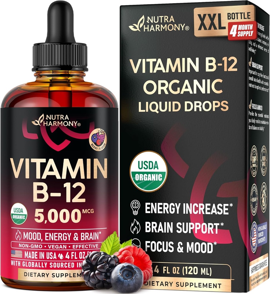 USDA Vitamina Orgánica B12 Sublingual Drops - 5000 mcg Liquid Vegan Methylcobalamin for Women &amp; Men - Energy Boost, Focus &amp; Mood, Brain Health Support - Maximize Absorption - 4 Month Supply, 4 fl oz