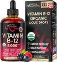 USDA Vitamina Orgánica B12 Sublingual Drops - 5000 mcg Liquid Vegan Methylcobalamin for Women &amp; Men - Energy Boost, Focus &amp; Mood, Brain Health Support - Maximize Absorption - 4 Month Supply, 4 fl oz
