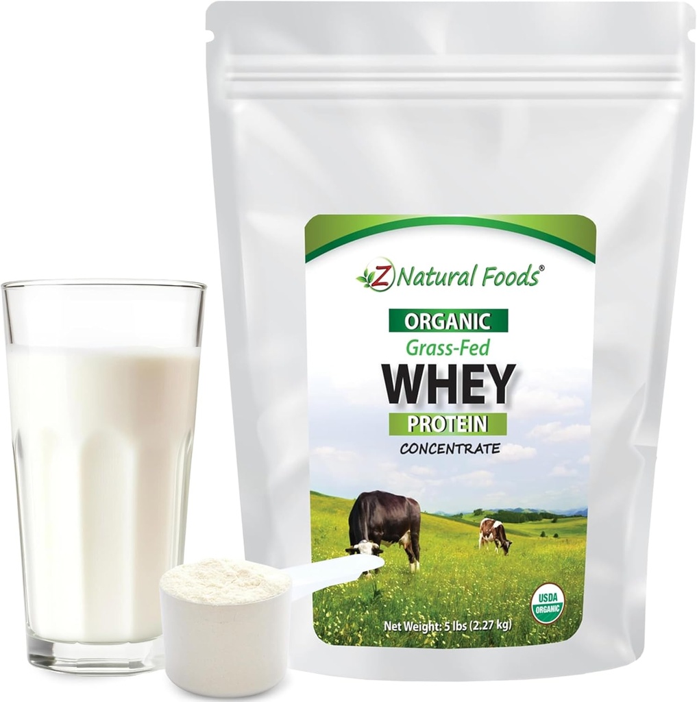 Z Natural Foods Organic Whey Protein Concentrate - Nutrient-Dense Grass Fed Whey Protein Powder - Cold Procesado Puro Whey Protein con Aminoácidos Esenciales para Nutrición &amp; Fitness, Sin sabor, 5 libras