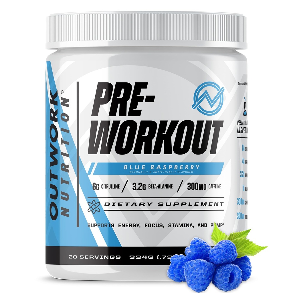 Outwork Nutrition Preworkout for Men &amp; Women - Nootropic Pre Workout Without Creatine, Pre-Workout Powder with Taurine Rhodiola Citrulline Malate Beta Alanine Caffeine (Blue Raspberry)
