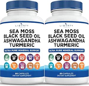 Sea Moss Black Seed Oil Ashwagandha Turmeric Bladderwrack Burdock - con Manuka, Honey Dandelion, ACV Black Pepper Gluten Gratis - 2-Pack