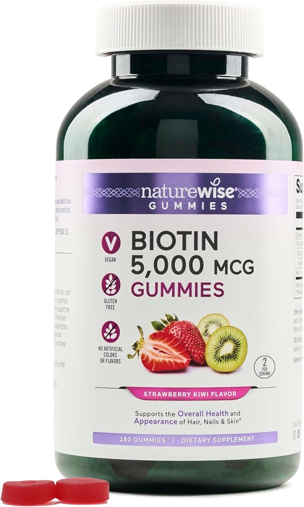 NatureWise Biotin Gummies - Supports Healthy Hair, Skin and Strong Nails - Vitamina B7 5000mcg - Belleza natural - Fresa-Kiwi Flavor - Vegan, No GMO, Gluten Gratis - 180 Conde[90 Day Supply]