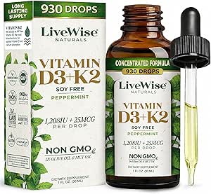 LiveWise Naturals Vitamina D3 con K2 Liquid Drops, All Natural, Non-GMO, USA Made, 1208 IU Vitamina D3 &amp; 25 mcg K2, Supports Bone Health and Energy Levels, Infused with Peppermint, Olive, and MCT Oil