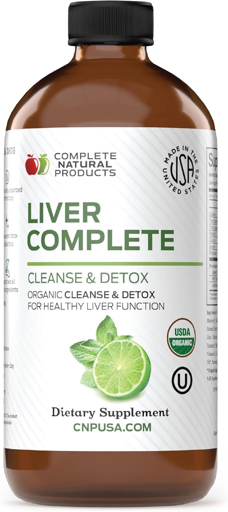 Productos naturales completos Liver Complete 12oz - Organic Liquid Liver Cleanse & Detox Supplement for High Enzymes, Fatty Liver, Liver Support