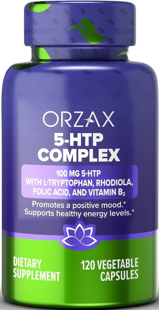 ORZAX 5-HTP 200mg Supplement Capsules with L-Tryptophan, Rhodiola, Vitamin B2, and Folic Acid - Supports Vitality and Inner Peace Supplements 100mg 5HTP Per Serving, 120 Capsules