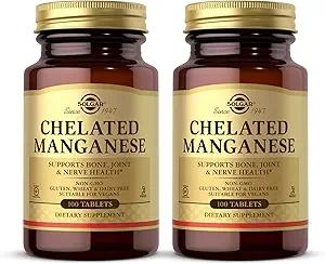 Solgar Manganese Chelated - 100 Tablets, Pack of 2 - Supports Bone, Joint & Nerve Health - Non-GMO, Vegan, Gluten Free, Dairy Free, Kosher - 200 Total Servings