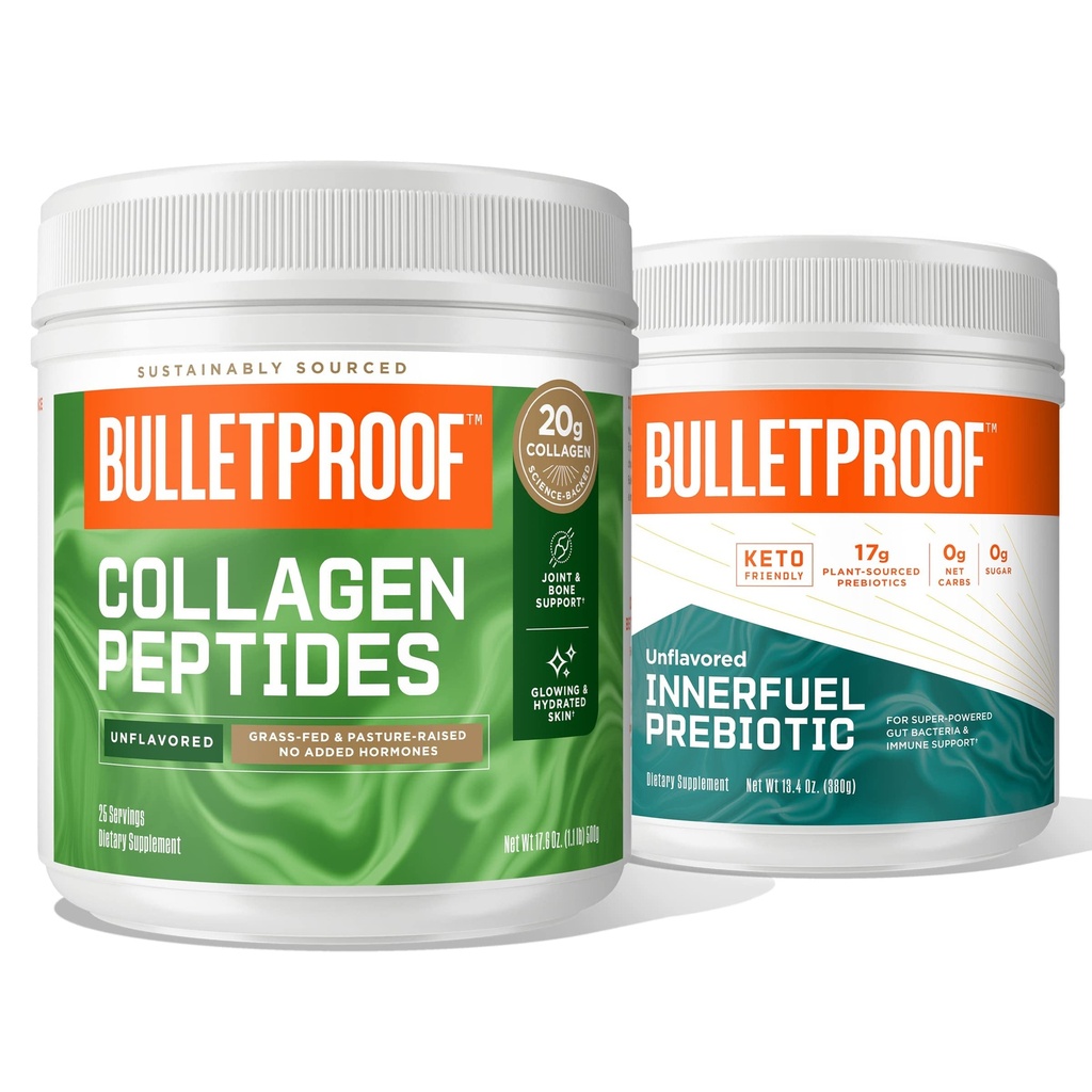 Kit de Duo a prueba de balas para péptidos colágenos de pólvora de proteínas para la piel, los huesos y las articulaciones — 18g Proteína, 17.6 Oz &amp; InnerFuel Polvo de fibra prebiótica para Gut, Gas Relief, Salud Digestiva y Soporte Inmune