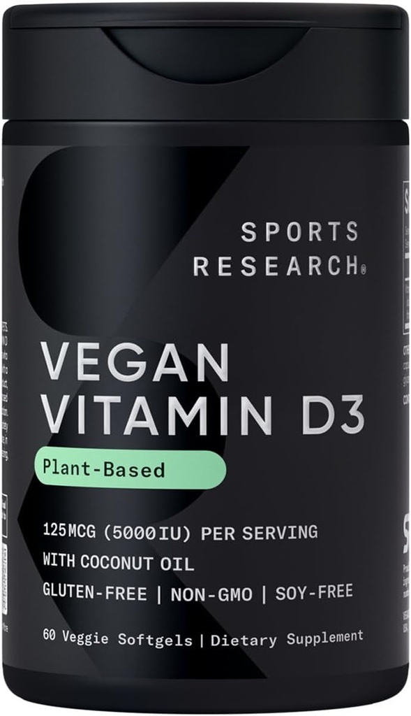 Investigación Deportiva Vegan Vitamina D3 5000IU (125 mcg) con aceite de coco TENIDO 100% Vitamina D de base vegetal para el hueso, Soporte Conjunto &amp; Inmunitario TEN Carrageenan Libre, Certificado Vegano " No GMO Verificado (60 Softgels)