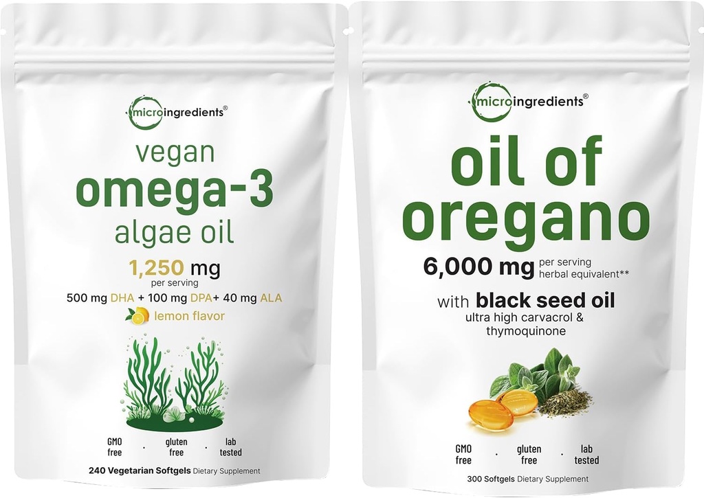 Micro Ingredientes Petróleo de Oregano Softgels 300 Conde & Vegan Omega 3 Algae Oil Supplement Bundle 2 Pack ← Carvacrol & Thymoquinone TEN Full Spectrum Omega-3 Alternative
