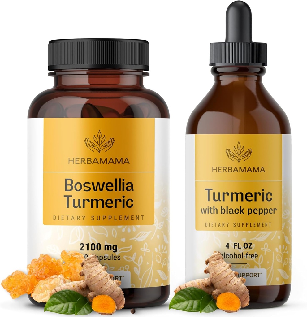 HERBAMAMA Boswellia and Turmeric Kit - Bundle of 2100 mg Boswellia Turmeric & Liquid Turmeric with Black Pepper Tincture 2 fl oz - Vegan, Non GMO, Sugar & Alcohol-Free - 2 Pack