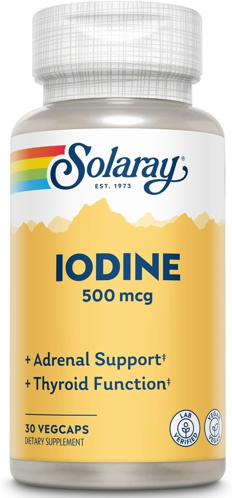 Solaray Iodine 500 mcg, Suplemento de Iodine para el soporte adrenal y tiroides saludables, energía, metabolismo y foco, Ioduro de Potasio, Vegan, Garantía de 60 días de dinero, 30 servicios, 30 VegCaps