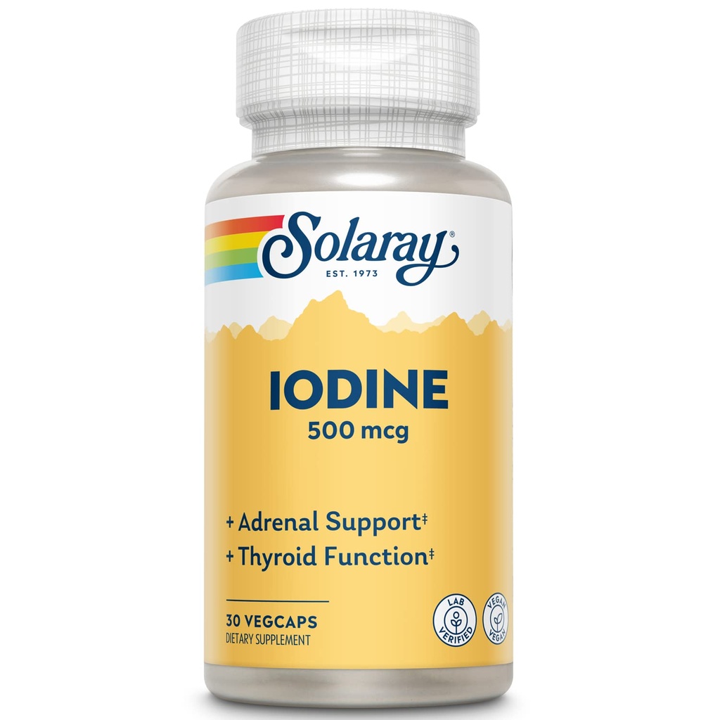 Solaray Iodine 500 mcg, Suplemento de Iodine para el soporte adrenal y tiroides saludables, energía, metabolismo y foco, Ioduro de Potasio, Vegan, Garantía de 60 días de dinero, 30 servicios, 30 VegCaps