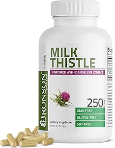 Bronson Milk Thistle Silymarin Marianum &amp; Dandelion Root Liver Health Support, Antioxidant Support, Detox, 250 cápsulas