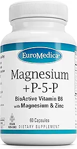 EuroMedica Magnesio + P-5-P - Bone &amp; Heart Health Support Suplemento - Suplemento dietético con vitamina B6, Zinc &amp; Magnesio - Piridoxal-5-Phosphate Vegan Capsule Suplemento - 60 cápsulas