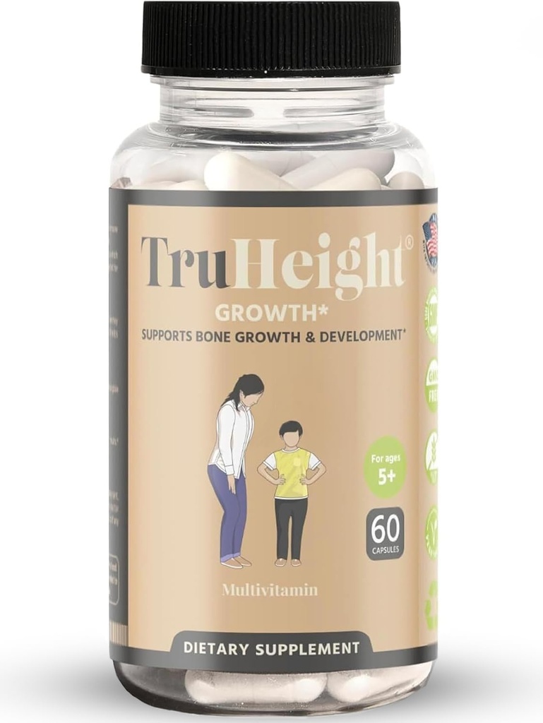 TruHeight Growth Capsules - Suplemento de Desarrollo de Crecimiento Natural para Niños y Adolescentes - Dotado por Pediatras - Vitamina D, K, Calcio " Ashwagandha - Capsules de Fuerza de Bonificación - Vitaminas Infantiles, Edades 5+